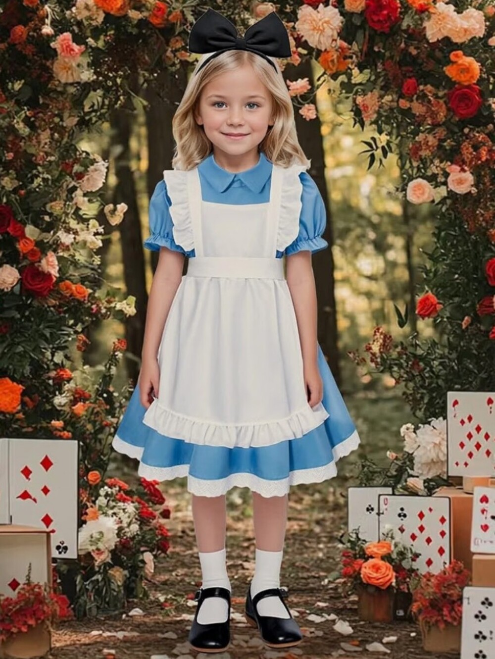 Alice Halloween Kids Costume 3Pc Blue Dress White Apron Black Bow, Small PTP 15"